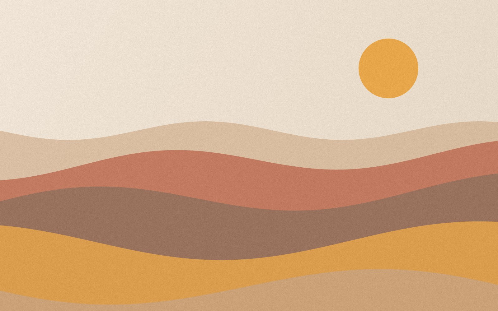 A stylized desert landscape with wavy dunes and a sun in shades of brown, orange and yellow.