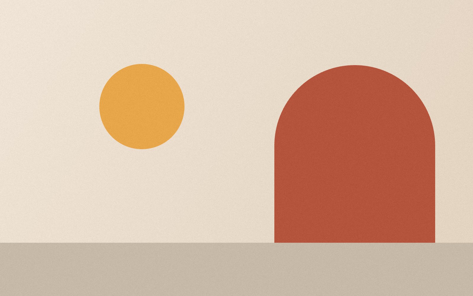 A simple graphic of a yellow sun and a red archway on a beige background.